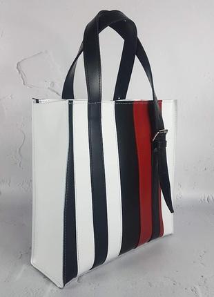 Сумка шоппер кожаная полосатая белая/черная/красная  16326 фото