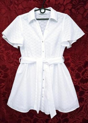 100% хлопок прошва белое платье рубашка zara белоснежное  платье на пуговицах