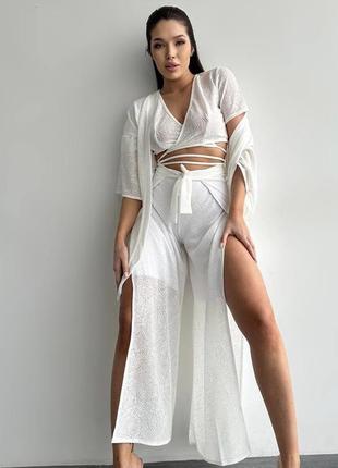 Жіночий молочний  костюм 3 в 1 , штани + кімоно + топ