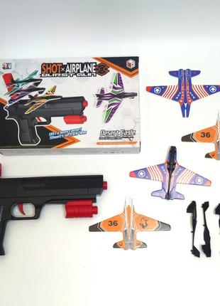 Детский пистолет запускатель самолетиков,катапульта, 4 самолетика air battle, игрушка пистолет с самолетиками3 фото