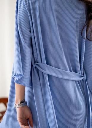Женская пижама тройка рубчик dana халат топ шорты вискоза голубой2 фото