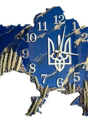 Годинник настінний з епоксидної смоли "карта україни з колосками" 40x25 см