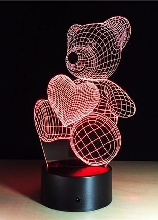 3d светильник "мишка с сердцем", подарки девочкам, оригинальный подарок девушке на день рождения2 фото