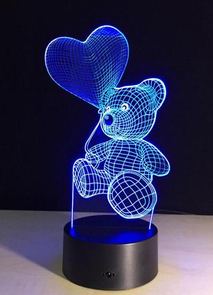 3d светильник мишка с сердцем. 1 светильник - 16 разных цветов света, нужные подарки детям7 фото
