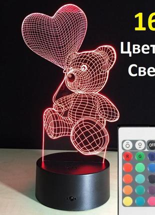 3d світильник ведмедик із серцем, 1 світильник, це 16 різних кольорів світла