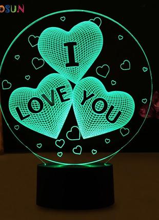 Подарунок на жіночий день світильник-нічник 3d з пультом керування три серця5 фото