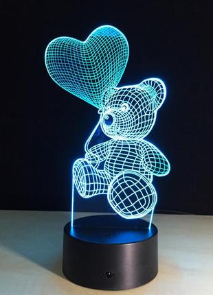 3d светильник "мишка с сердцем", недорогие подарки детям, подарки на день рождения для детей7 фото