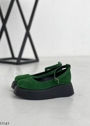 Натуральна замша, модні жіночі зелені туфельки на танкетці2 фото