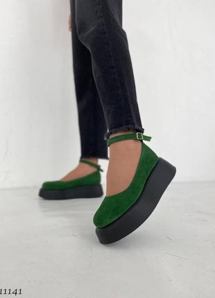 Натуральна замша, модні жіночі зелені туфельки на танкетці4 фото