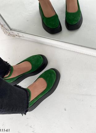 Натуральна замша, модні жіночі зелені туфельки на танкетці7 фото