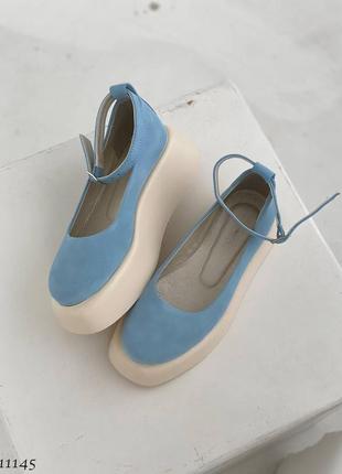 Натуральна замша, шикарні блакитні жіночі туфельки на танкетці3 фото