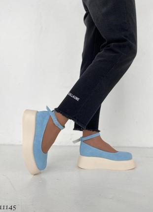 Натуральна замша, шикарні блакитні жіночі туфельки на танкетці6 фото