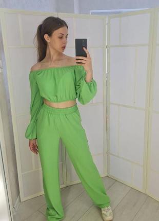 Женский деловой стильный классный классический удобный модный трендовый костюм модный брюки штаны штанишки и + топ топик зеленый лайм