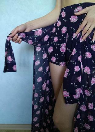 Прозрачная макси юбка с шортами missguided/длина летняя черная шифоновая юбка-шортики в принт2 фото