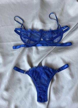 Сексуальное женское нижнее белье в ярко синем цвете лиф балконет и трусики1 фото
