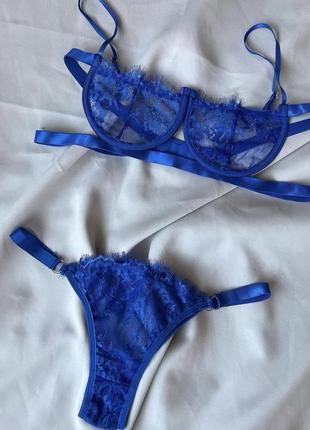 Сексуальное женское нижнее белье в ярко синем цвете лиф балконет и трусики4 фото