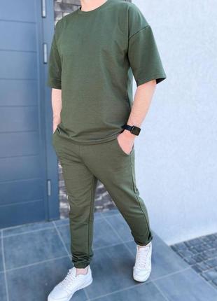 Спортивный костюм мужской летний легкий на лето базовый зеленый хаки серый черный джогеры футболка батал2 фото