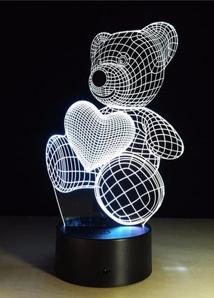 3d светильник мишка с сердцем, подарки на день рождения дочери, подарок девочке на др,...