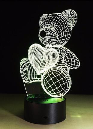 3d светильник мишка с сердцем, подарки на день рождения дочери, подарок девочке на др,...
