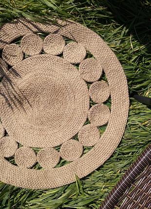 Плетений скандинавський круглий килимок, еко коврик джутовий бохо, натуральний