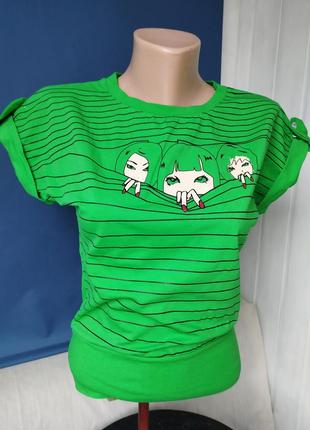 Женская базовая футболка зелёного цвета с принтом аниме 100% котон2 фото