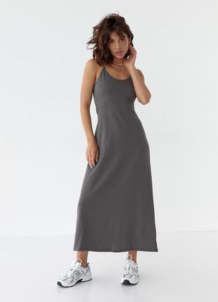 Женский графитовый серый длинный сарафан платье макси с тонкими бретелями3 фото