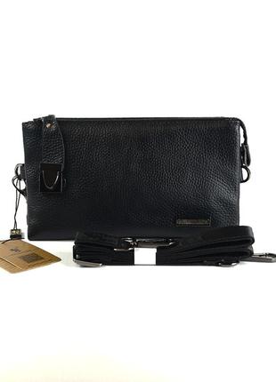 Мужская кожаная сумка клатч на молнии с текстильным ремешком через плечо, маленькая черная сумочка
