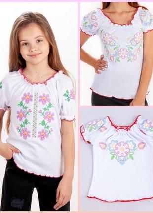 Гарна вишиванка в квіти, блуза вишита з коротким рукавом, вишиванка біла для дівчинки