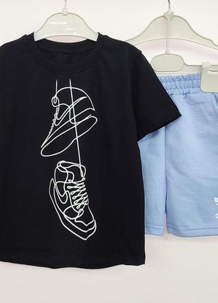 Костюм - двойка детский летний с шортами, черная футболка, голубые шорты, для мальчика