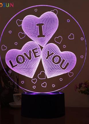 3d светильник "три сердца" подарунок дружині, подарунок для коханої дівчини, подарунок на день народження3 фото