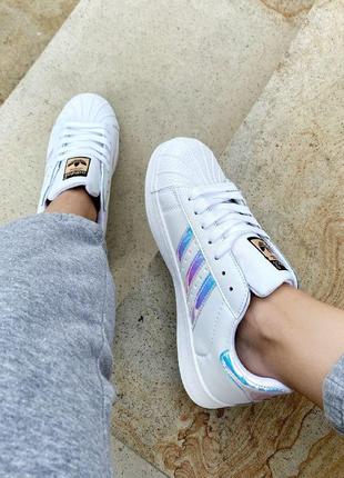 Круті жіночі кросівки adidas superstar білі/голографічний акцент сезон весна-осінь