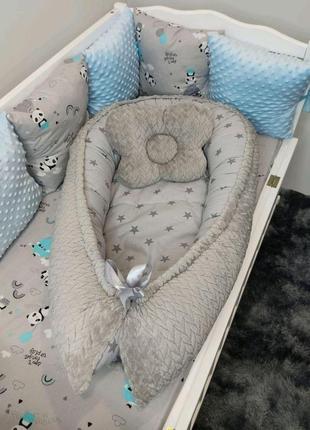 Кокон ( позиционер , гнездышко)   для новорожденных панда голубой цвет  + подушечка ортопедическая плюш бязь5 фото