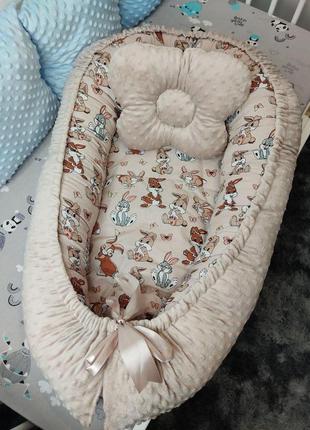 Кокон ( позиционер , гнездышко)   для новорожденных панда голубой цвет  + подушечка ортопедическая плюш бязь2 фото