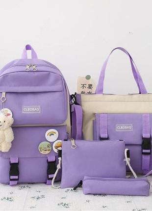 Детский школьный рюкзак набором 5 в 1 брелок пенал шопер значки в фиолетовом цвете7 фото