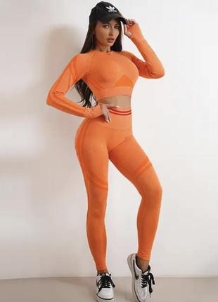 Оранжевый костюм,бесшовный костюм для тренировок,костюм для спорта,леггинсы,лосины оранжевые