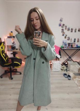 Жіночне вовняне пальто bershka, міді, оверсайз, зима-осінь, небесного кольору, блакитне, світло-блакитне, кольору вранішнього неба2 фото
