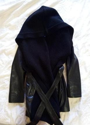 Кожаная куртка-пальто с вязаной вставкой и капюшон,  44-46