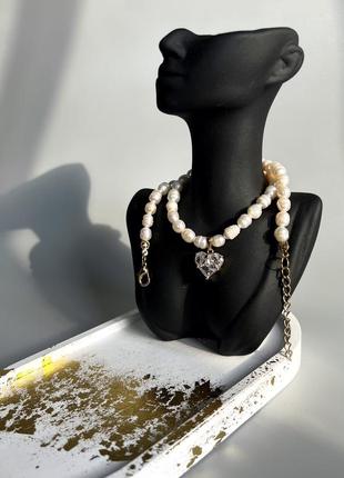 Подвеска из натуральных жемчужин с кулоном сердце с цирконом, латунь с 24-кратным золотом