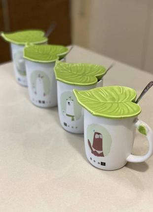 Чашка керамічна зелений листок