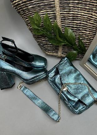 Дизайнерские туфли на массивной подошве натуральная кожа голубой металлик 36-40