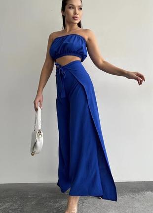 Женский синий костюм юбка - брюки + топ1 фото