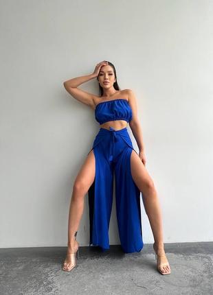 Женский синий костюм юбка - брюки + топ4 фото