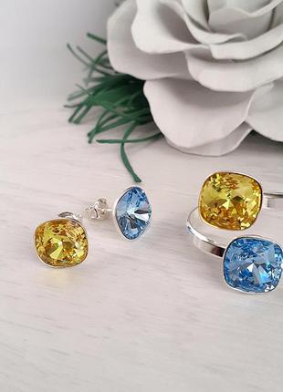 Жовто-блакитні сережки сваровські та каблучка swarovski2 фото