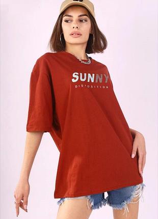Футболка оверсайз унисекс с принтом sunny коричневый цвет.
