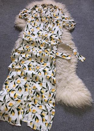 Натуральное платье миди длинное в лимоны длинное пояс вискоза7 фото