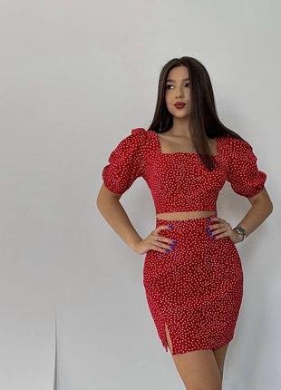 Женский костюм с юбкой мини кроп топ черный белый красный лиловый бежевый голубой...