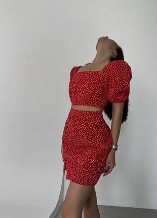 Женский костюм с юбкой мини кроп топ черный белый красный лиловый бежевый голубой...