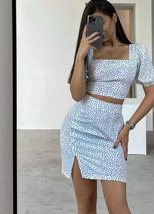 Женский костюм с юбкой мини кроп топ черный белый красный лиловый бежевый голубой...