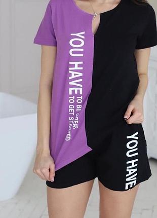 Хлопоковая пижама футболка шорты  хлопковый фиолетовая пижама домашний костюм