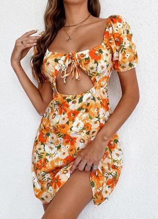 Яркое летнее цветочное платье с рукавом бафом h&amp;m1 фото
